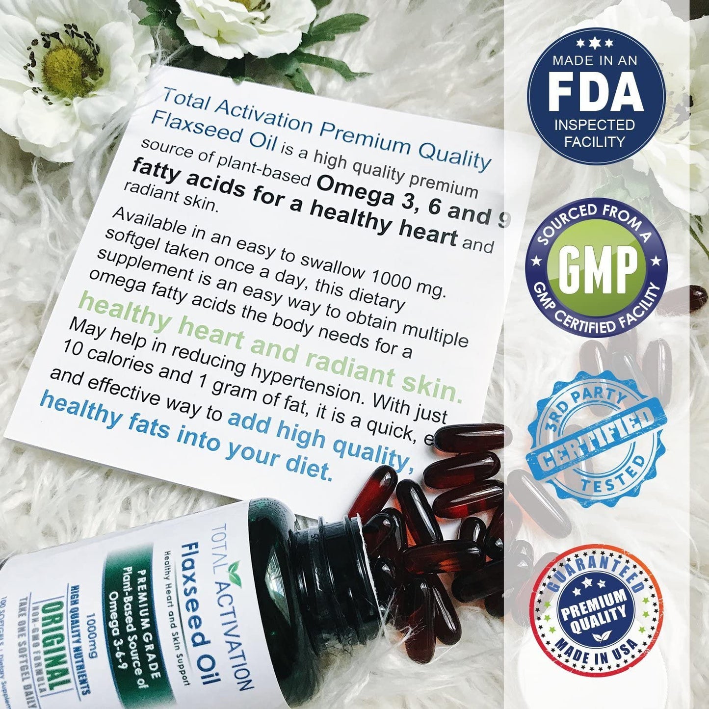 Organic Flaxseed Oil 1,000 mg Omega-3, Immune System Booster with Omega 3,6,9 from Natural ALA 100 Softgels Per Bottle