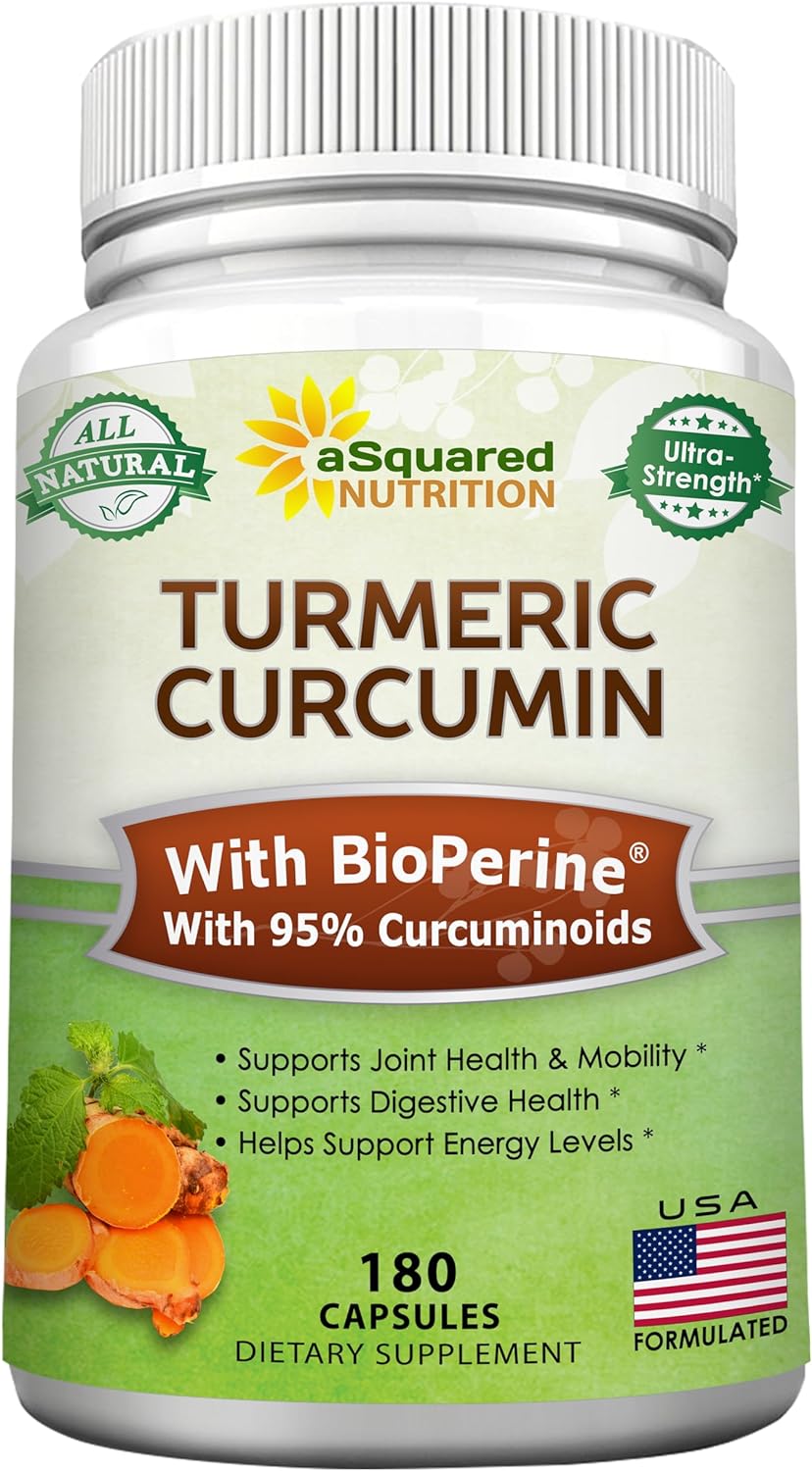 aSquared Nutrition Turmeric Curcumin with BioPerine Black Pepper Extract - 180 Capsules