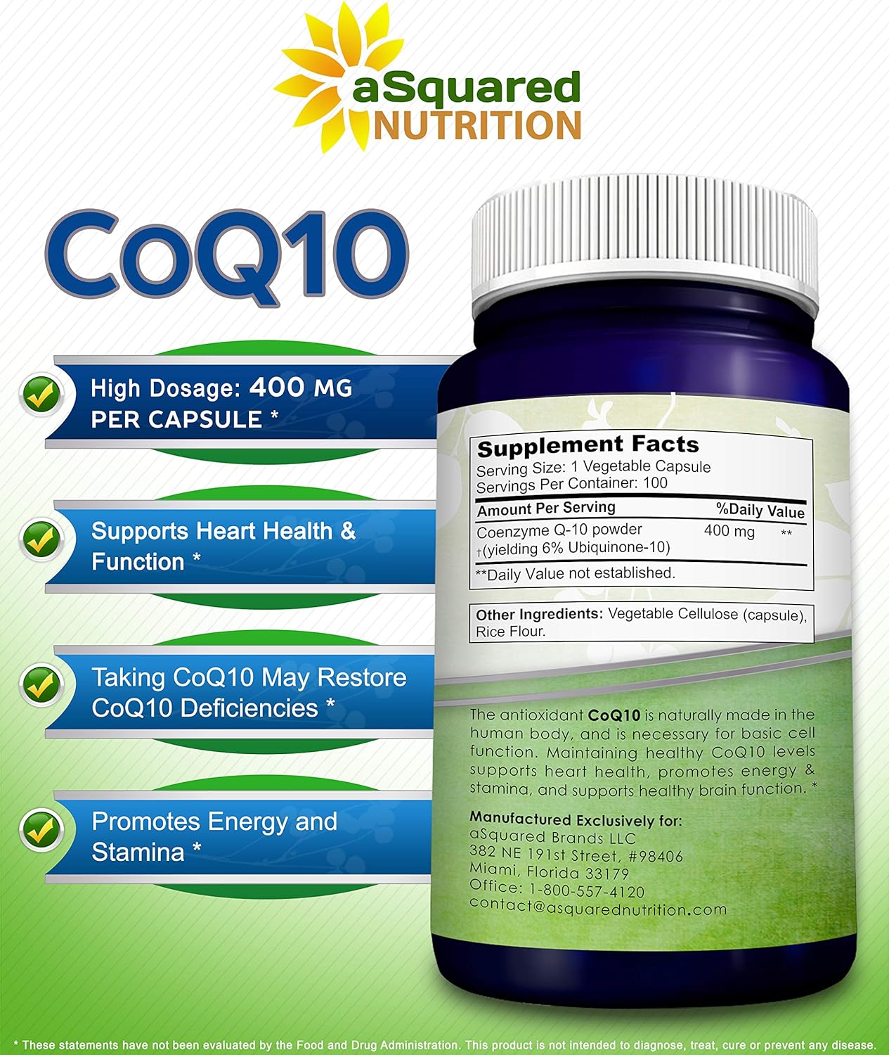 aSquared Nutrition CoQ10 400mg Max Strength, 100 Veggie Capsules