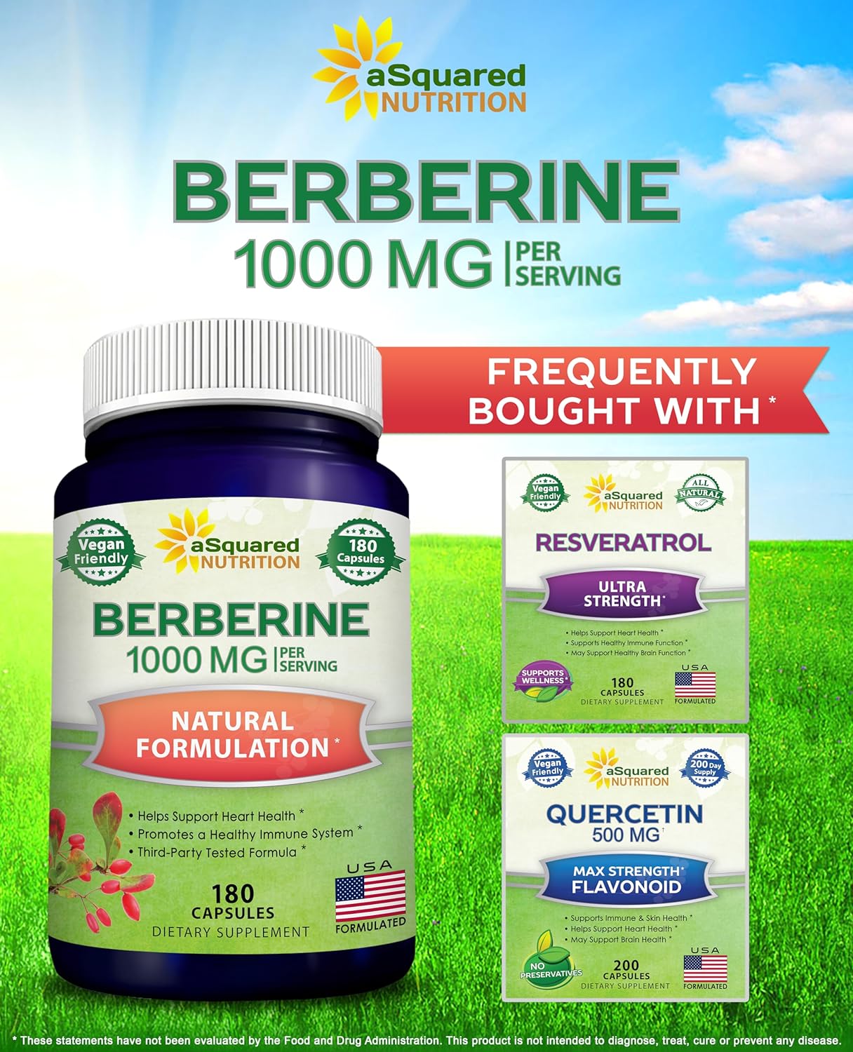 aSquared Nutrition Pure Berberine 1000mg Supplement - 180 Veggie Capsules