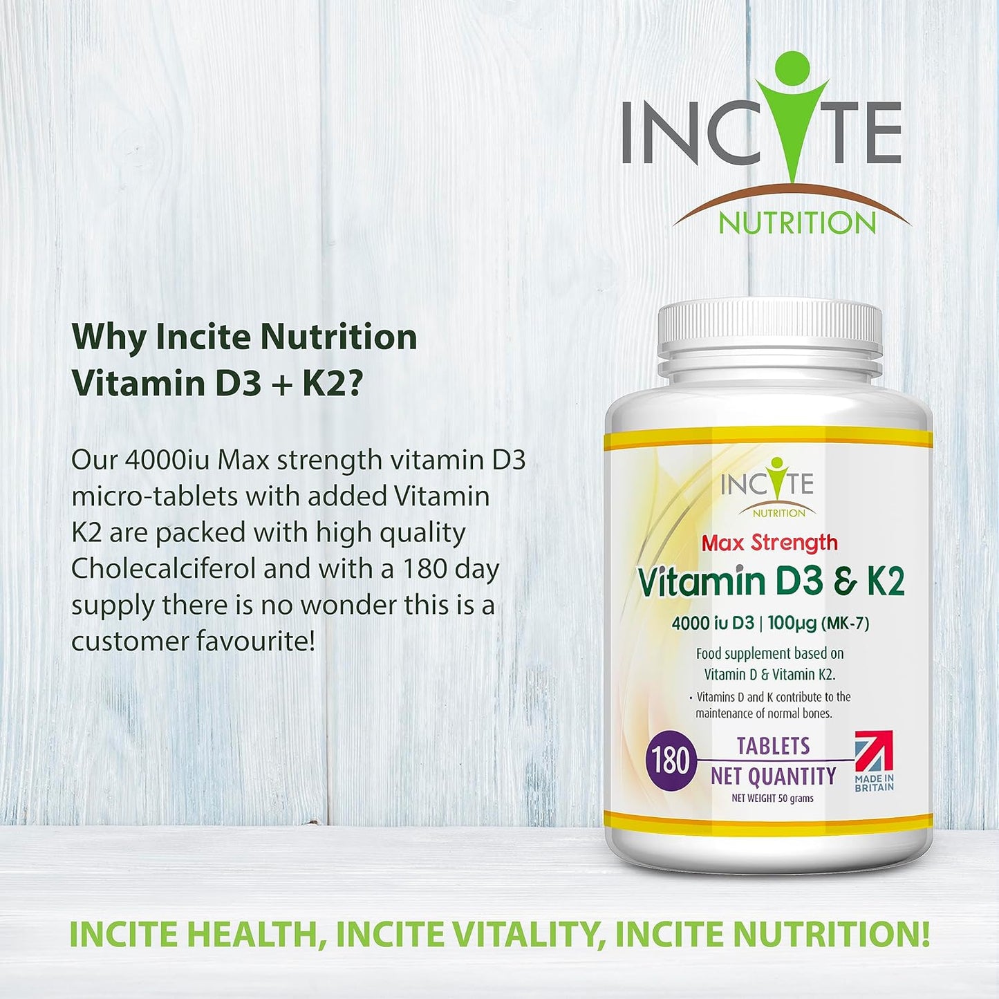 Vitamin D3 K2 (MK7) - Vitamin D3 & Vitamin K2-180 Tablets