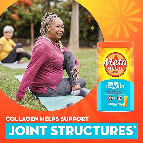 Metamucil Daily Fiber + Collagen, Psyllium Husk Powder, Sugar-Free with , Orange Flavored, 90 Doses