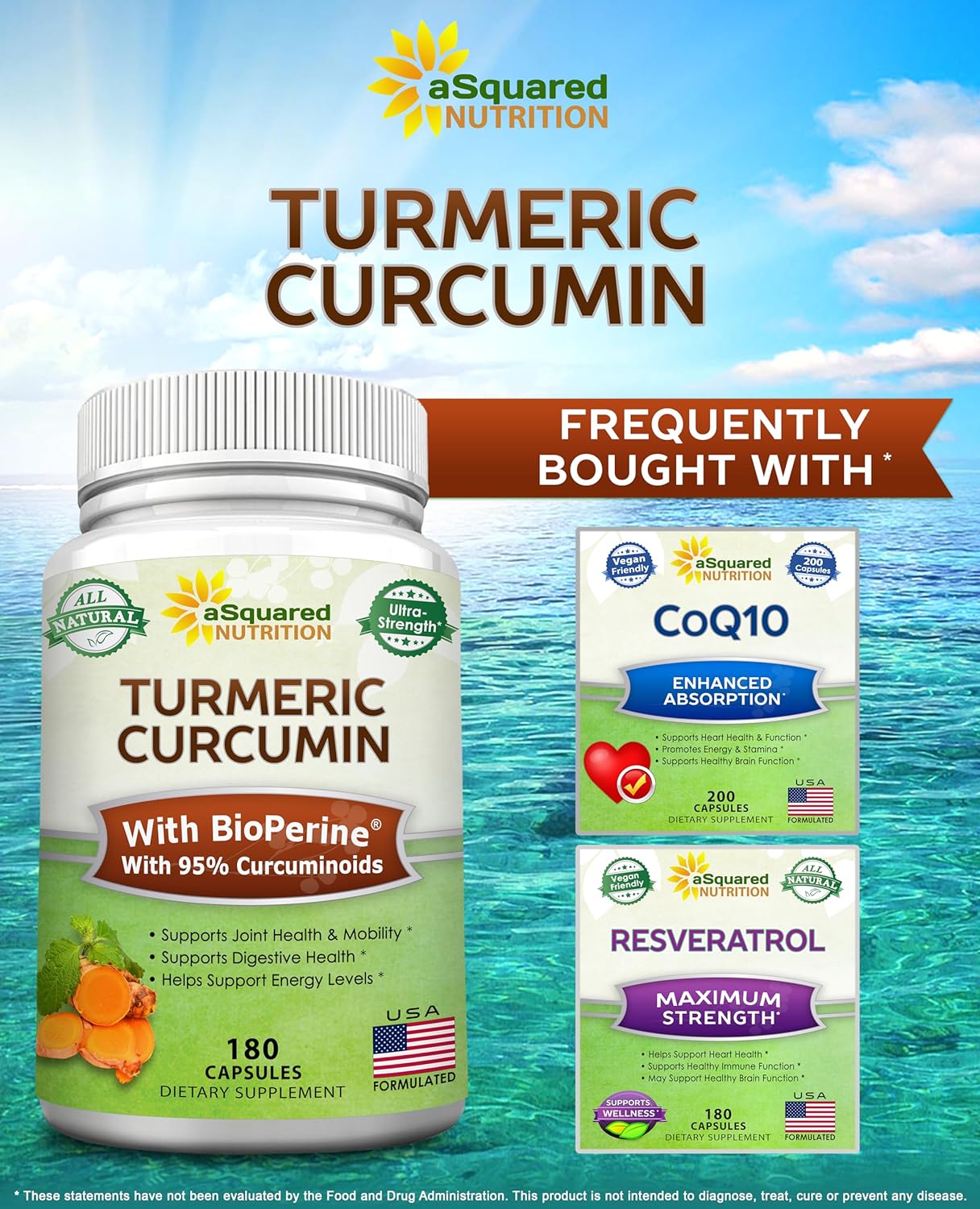 aSquared Nutrition Turmeric Curcumin with BioPerine Black Pepper Extract - 180 Capsules