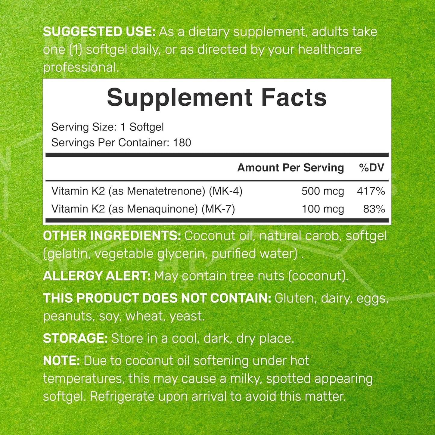 Vitamin K2 Supplement 180 Virgin Coconut Oil Softgels