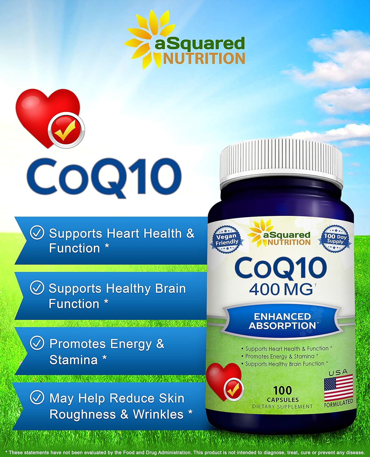 aSquared Nutrition CoQ10 400mg Max Strength, 100 Veggie Capsules