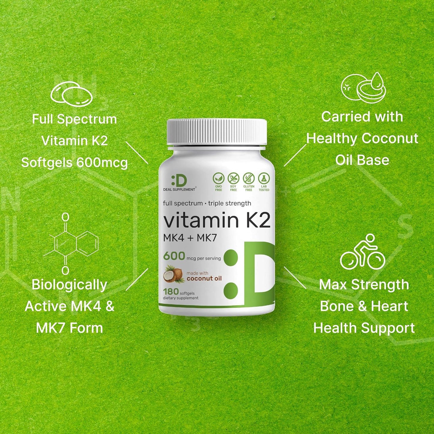 Vitamin K2 Supplement 180 Virgin Coconut Oil Softgels