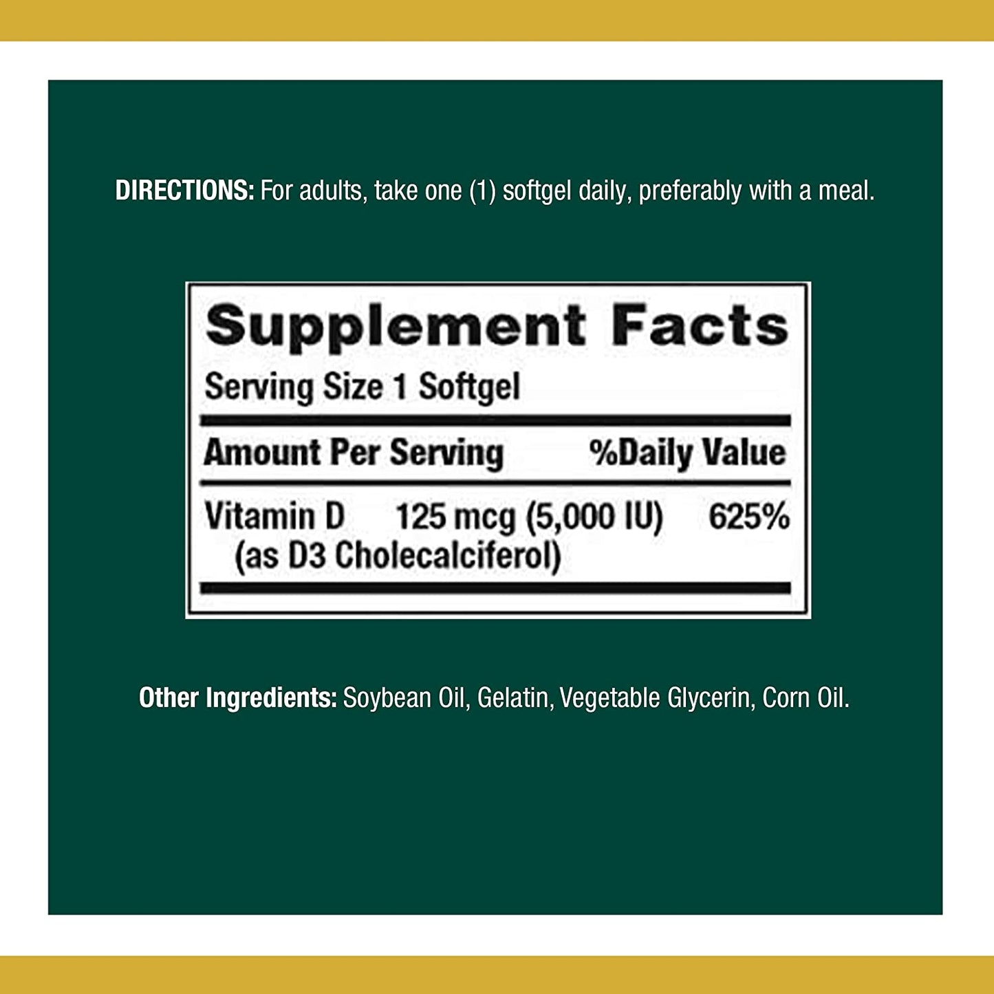 Nature’s Bounty Vitamin D3 for Immune Support. Vitamin D 125 mcg (5000iu), 240 Soft gels.