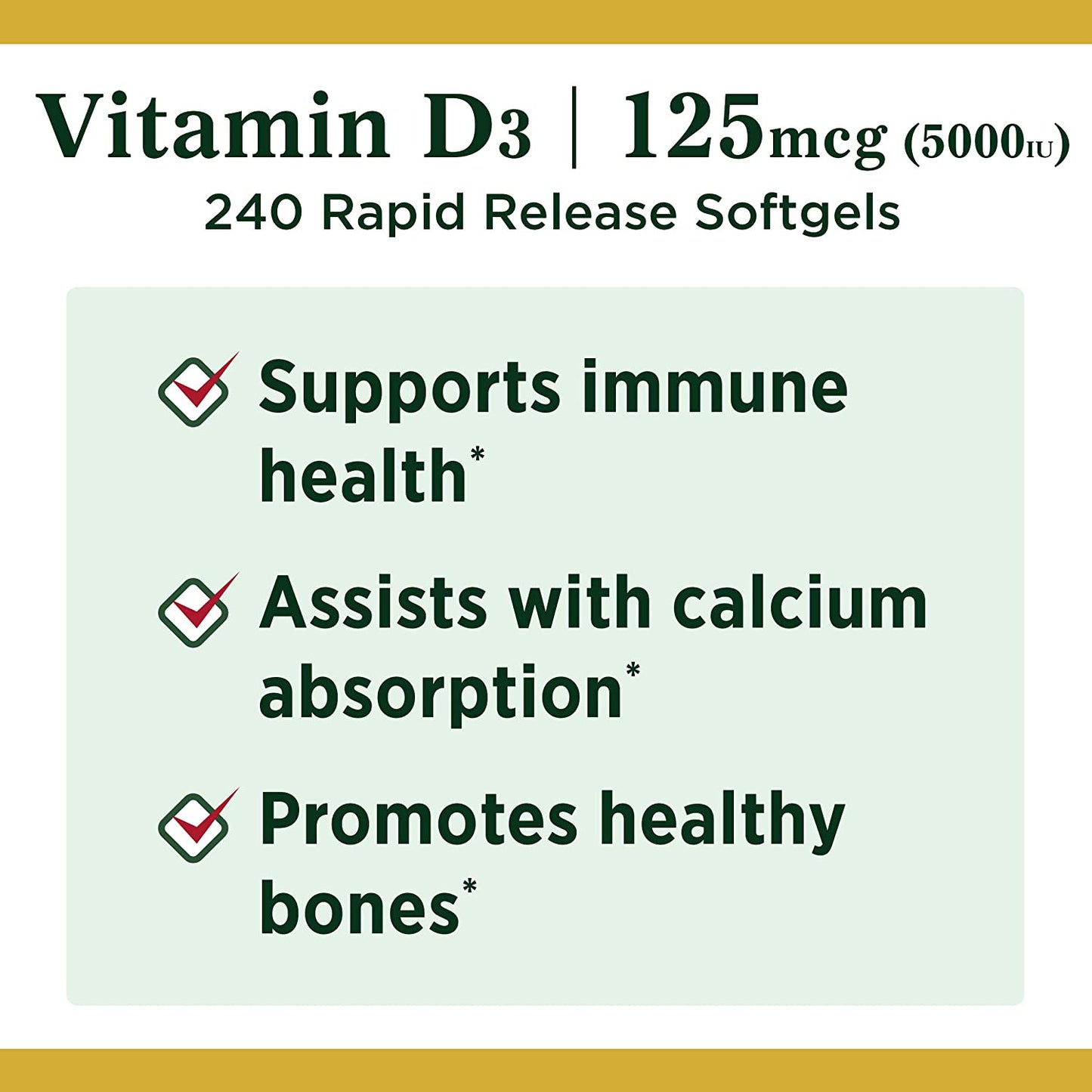 Nature’s Bounty Vitamin D3 for Immune Support. Vitamin D 125 mcg (5000iu), 240 Soft gels.