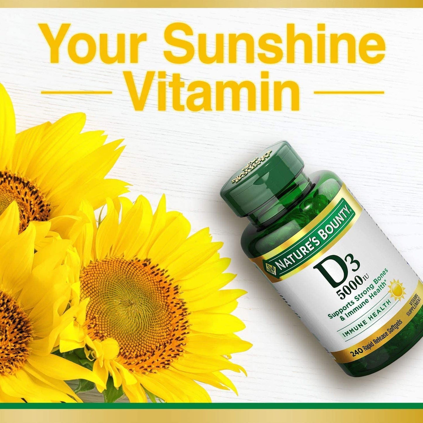 Nature’s Bounty Vitamin D3 for Immune Support. Vitamin D 125 mcg (5000iu), 240 Soft gels.