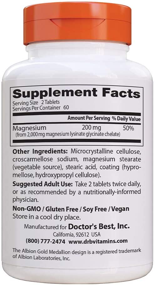 Doctor's Best High Absorption Magnesium Glycinate Lysinate, 100 mg, 120 Tablets