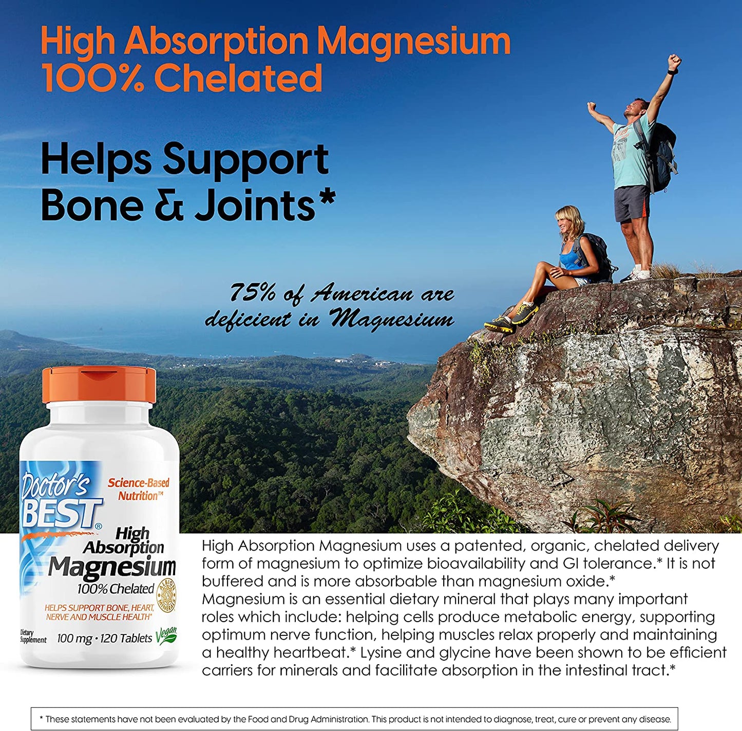 Doctor's Best High Absorption Magnesium Glycinate Lysinate, 100 mg, 120 Tablets