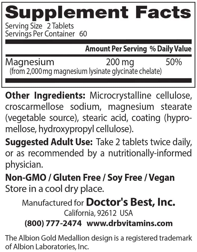 Doctor's Best High Absorption Magnesium Glycinate Lysinate, 100 mg, 120 Tablets