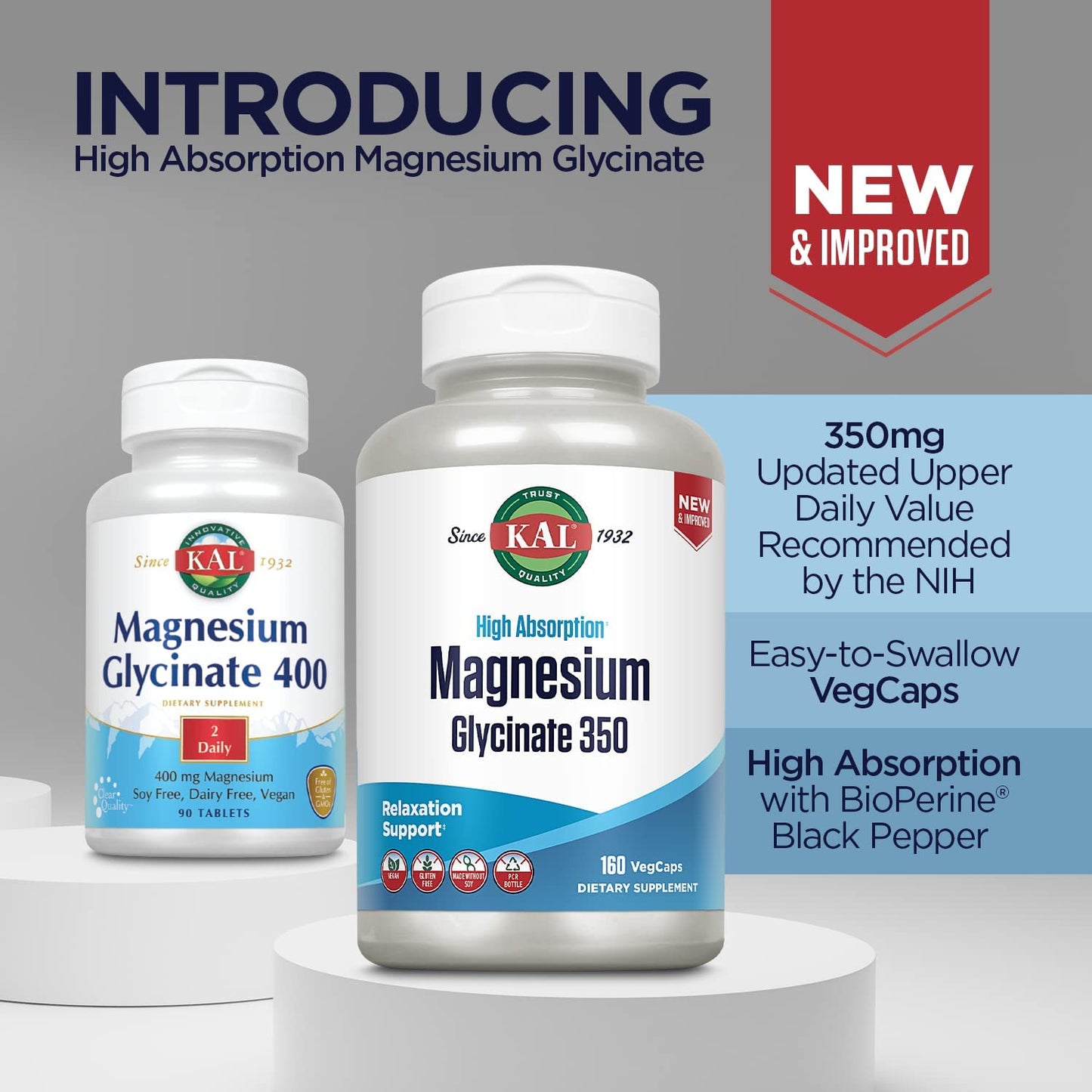 KAL Magnesium Glycinate High Absorption, Healthy Relaxation, Muscle Function & Bone Support, New & Improved (160 Count)