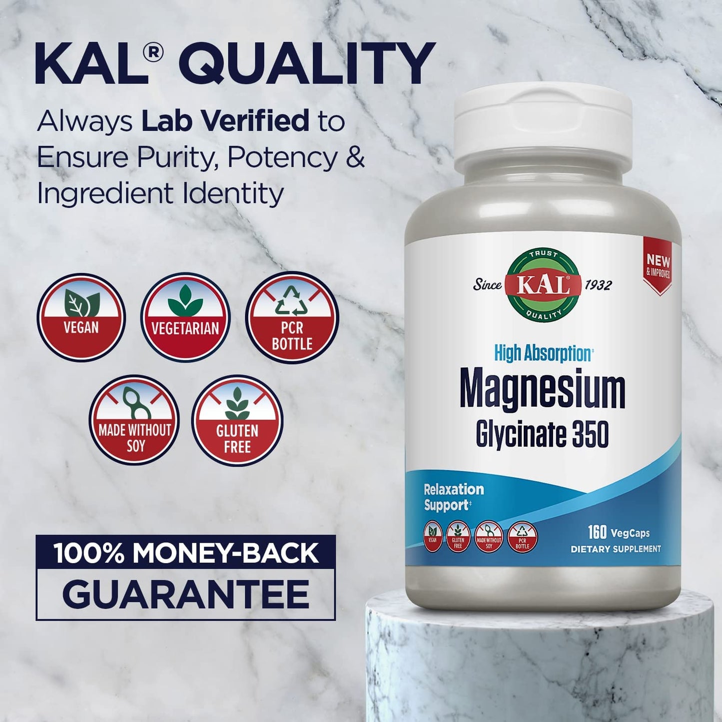 KAL Magnesium Glycinate High Absorption, Healthy Relaxation, Muscle Function & Bone Support, New & Improved (160 Count)