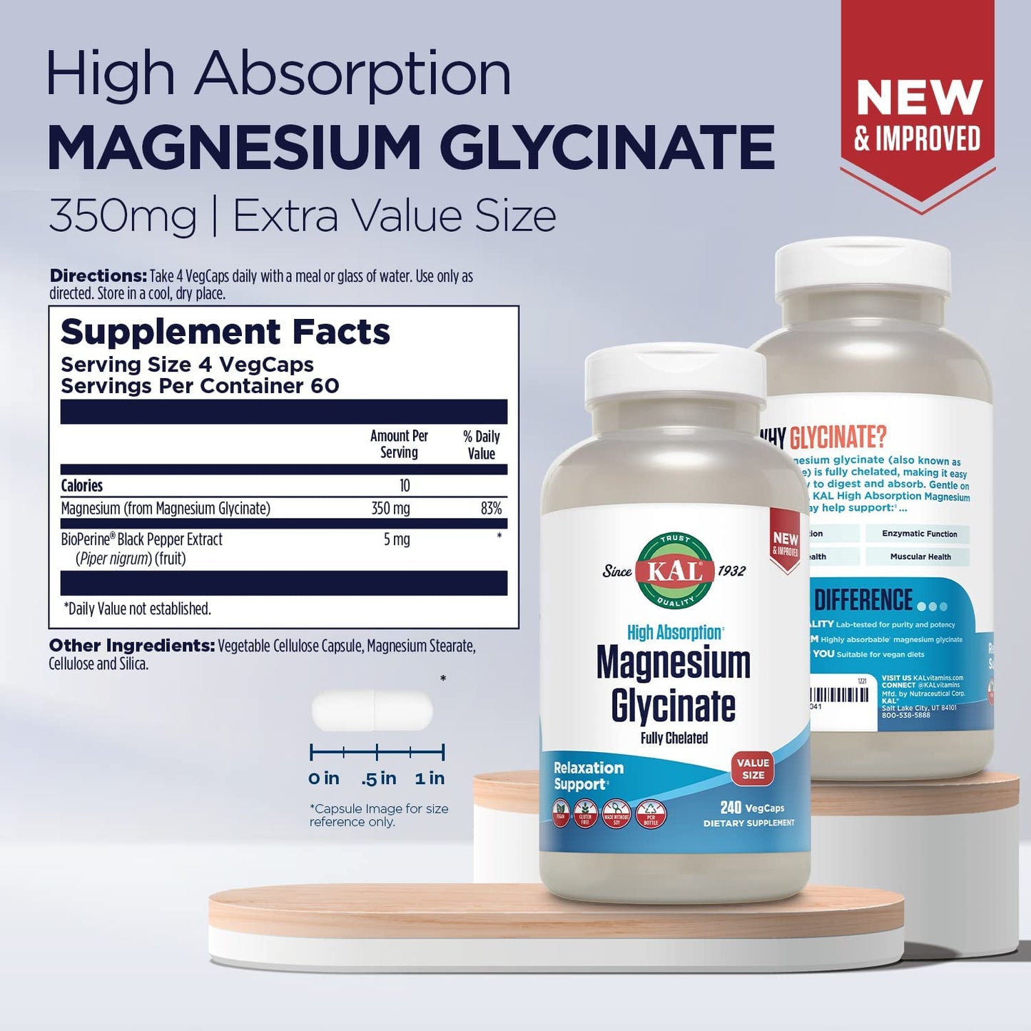 KAL Magnesium Glycinate, New & Improved 240 VegCaps