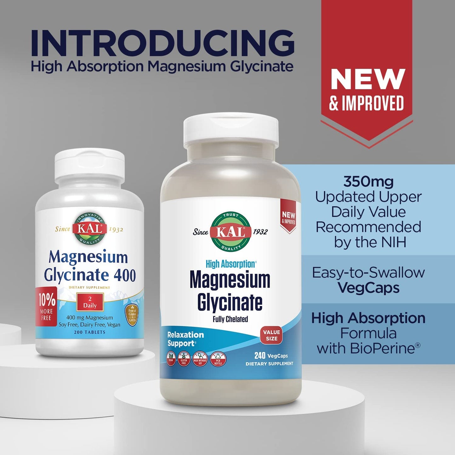 KAL Magnesium Glycinate, New & Improved 240 VegCaps