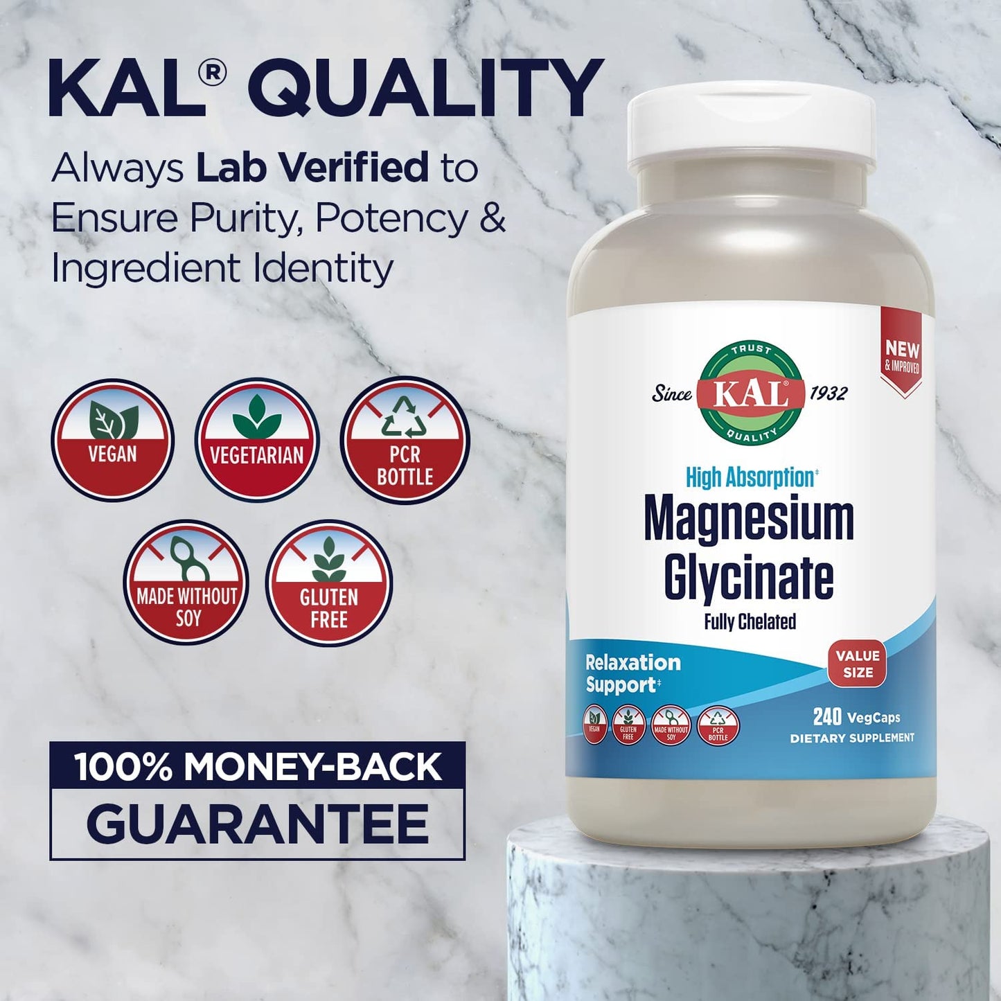 KAL Magnesium Glycinate, New & Improved 240 VegCaps