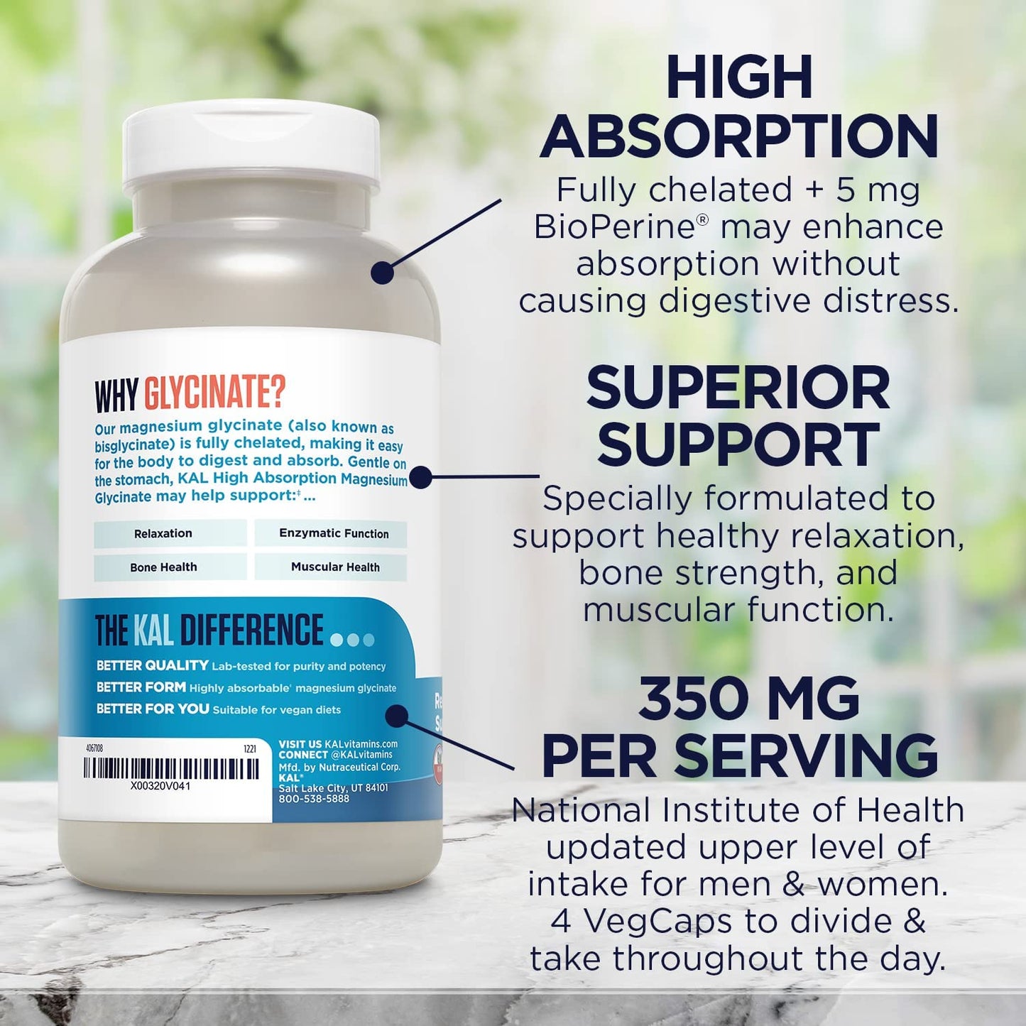 KAL Magnesium Glycinate, New & Improved 240 VegCaps