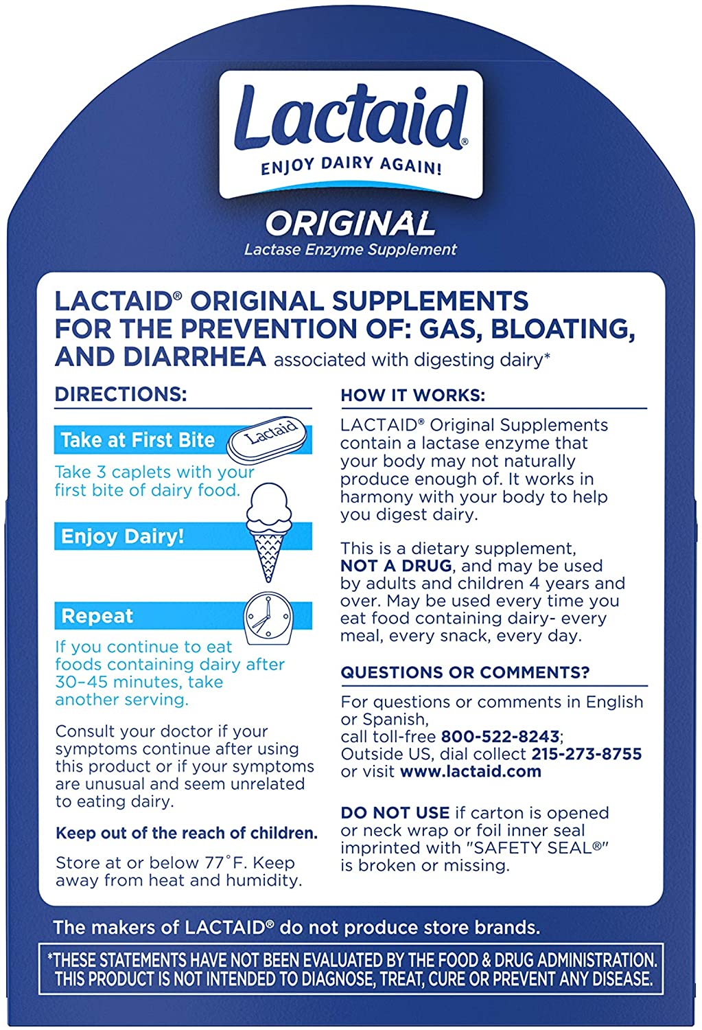 Lactaid Original Strength Lactose Intolerance Relief Caplets with Natural Lactase Enzyme, 120 ct