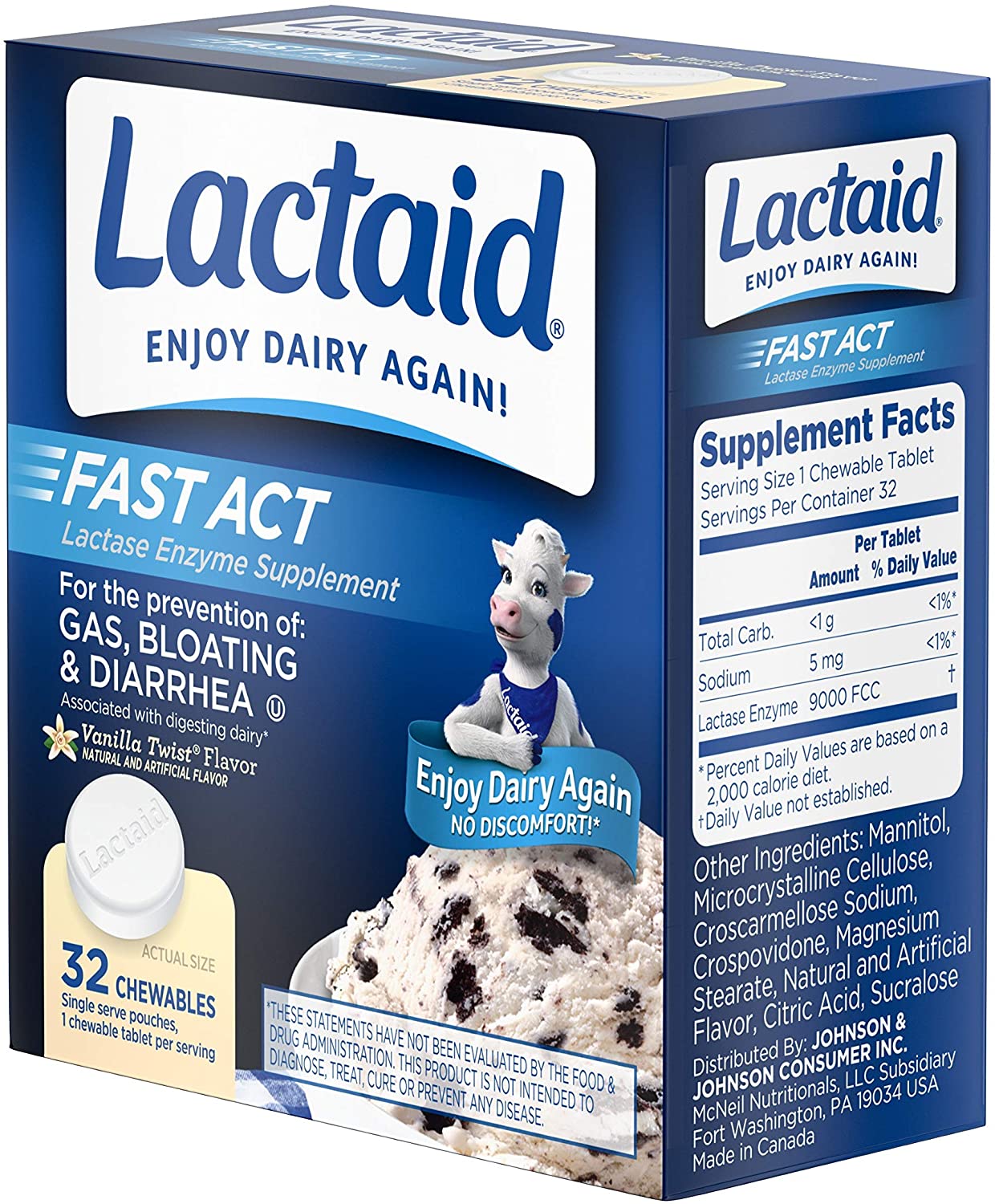 Lactaid Fast Act Lactose Intolerance Chewables with Enzymes, Vanilla Twist, 32 Count