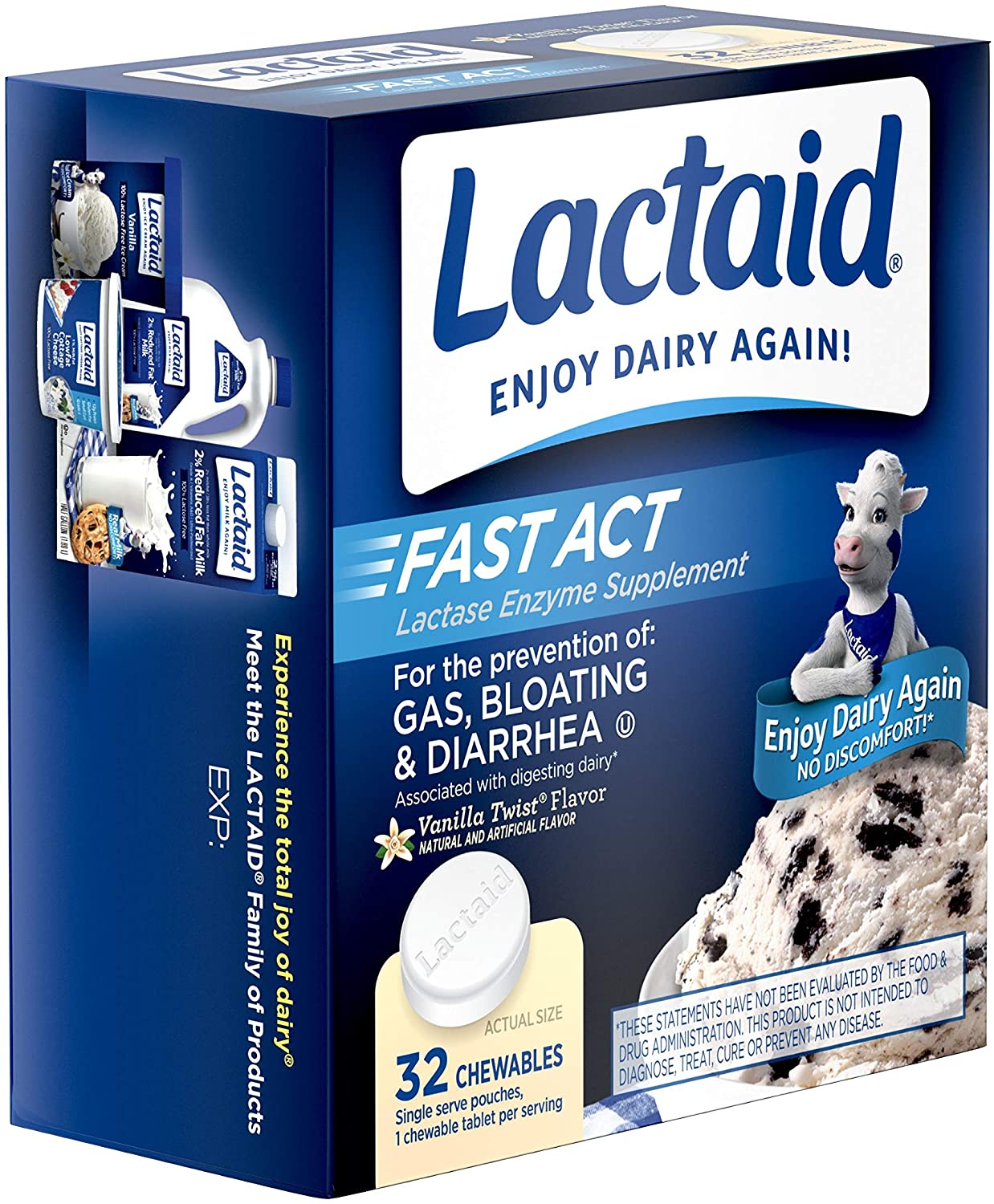 Lactaid Fast Act Lactose Intolerance Chewables with Enzymes, Vanilla Twist, 32 Count