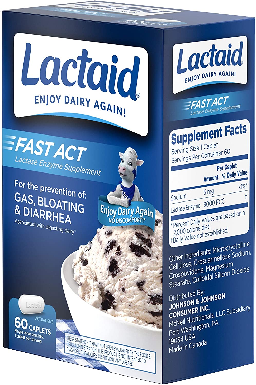Lactaid Fast Act Lactose Intolerance Relief Caplets with Lactase Enzyme, 60 Count