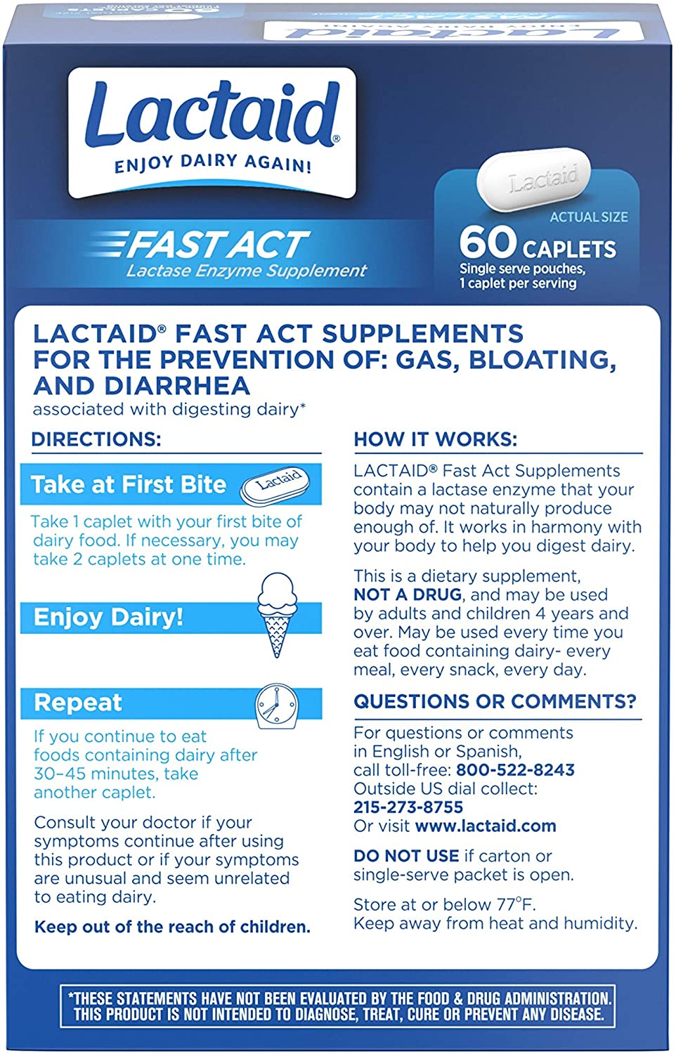 Lactaid Fast Act Lactose Intolerance Relief Caplets with Lactase Enzyme, 60 Count