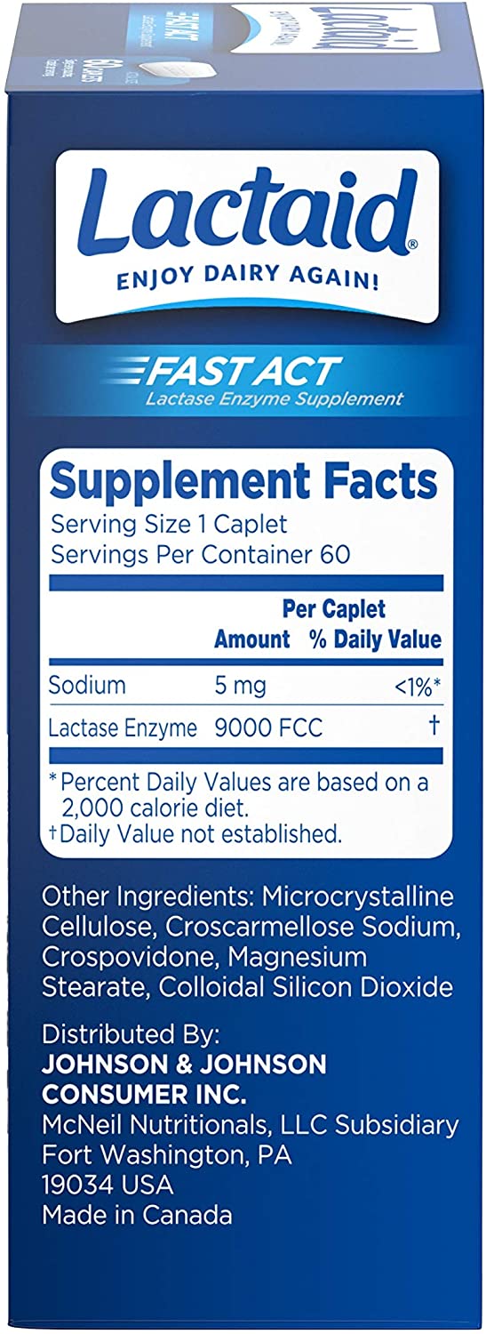 Lactaid Fast Act Lactose Intolerance Relief Caplets with Lactase Enzyme, 60 Count