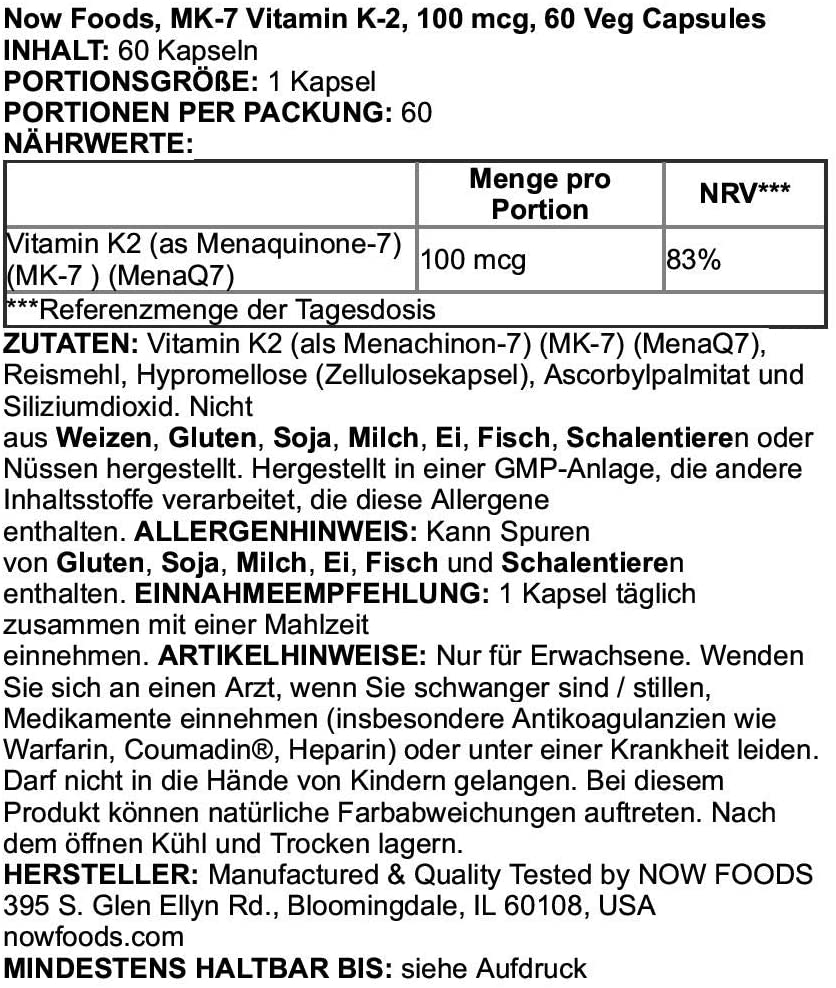 Now Foods Vitamin K-2 (Mk7) 100 Mcg 60 Vcaps (Multi-Pack)