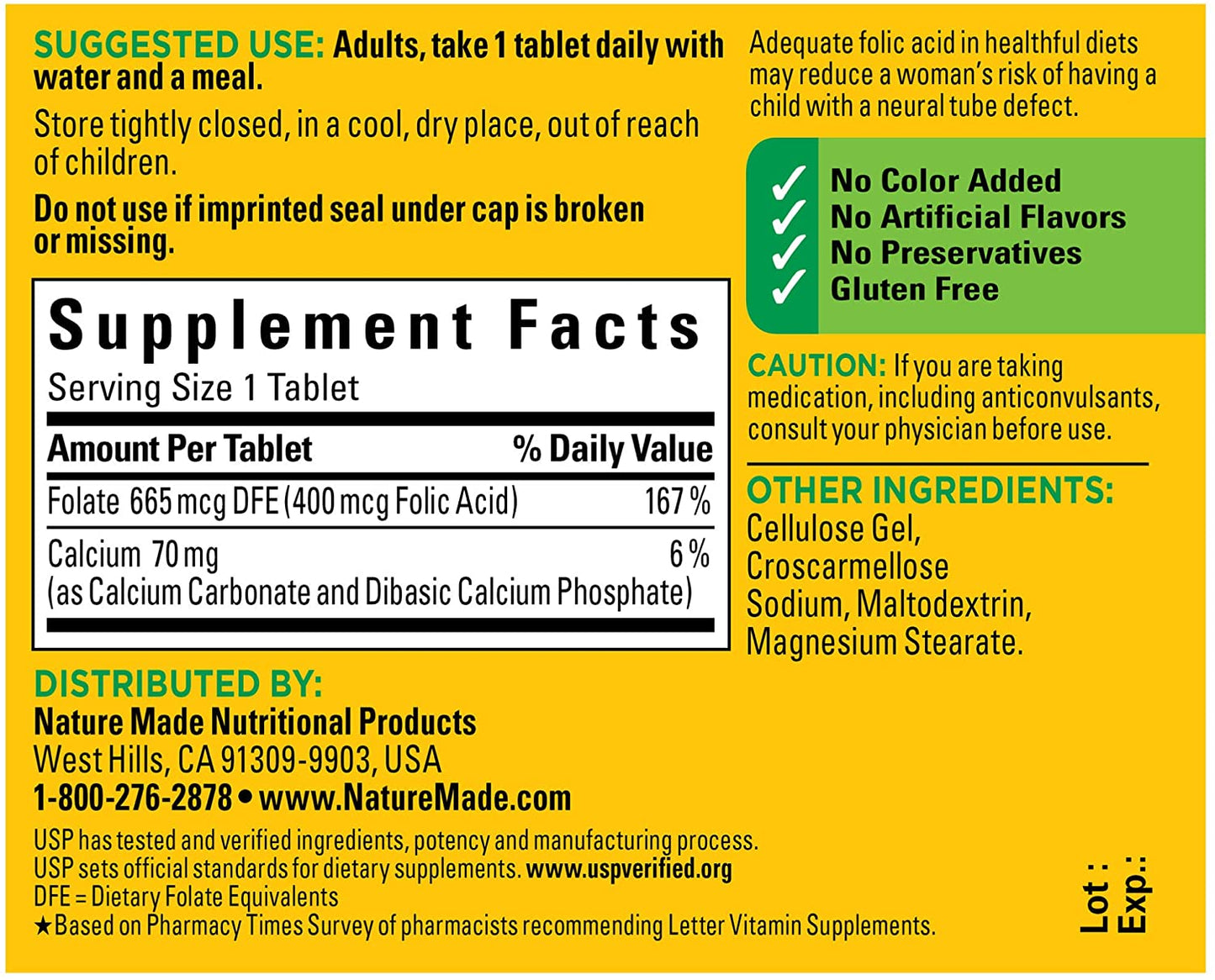 Nature Made Folic Acid 400 mcg (665 mcg DFE) Tablets, 250 Count