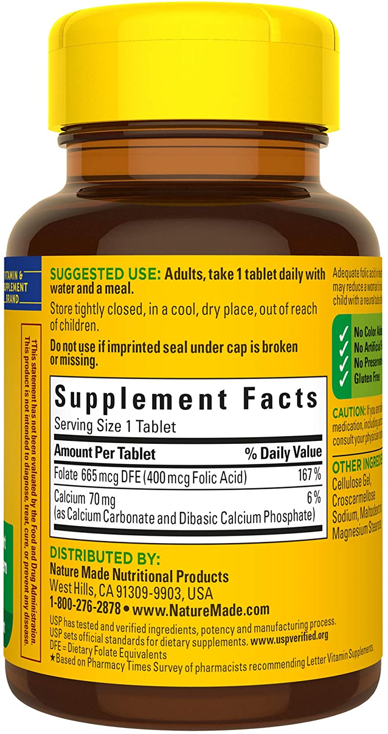 Nature Made Folic Acid 400 mcg (665 mcg DFE) Tablets, 250 Count