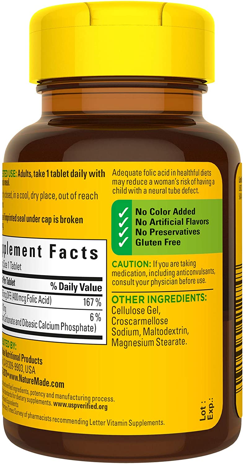 Nature Made Folic Acid 400 mcg (665 mcg DFE) Tablets, 250 Count