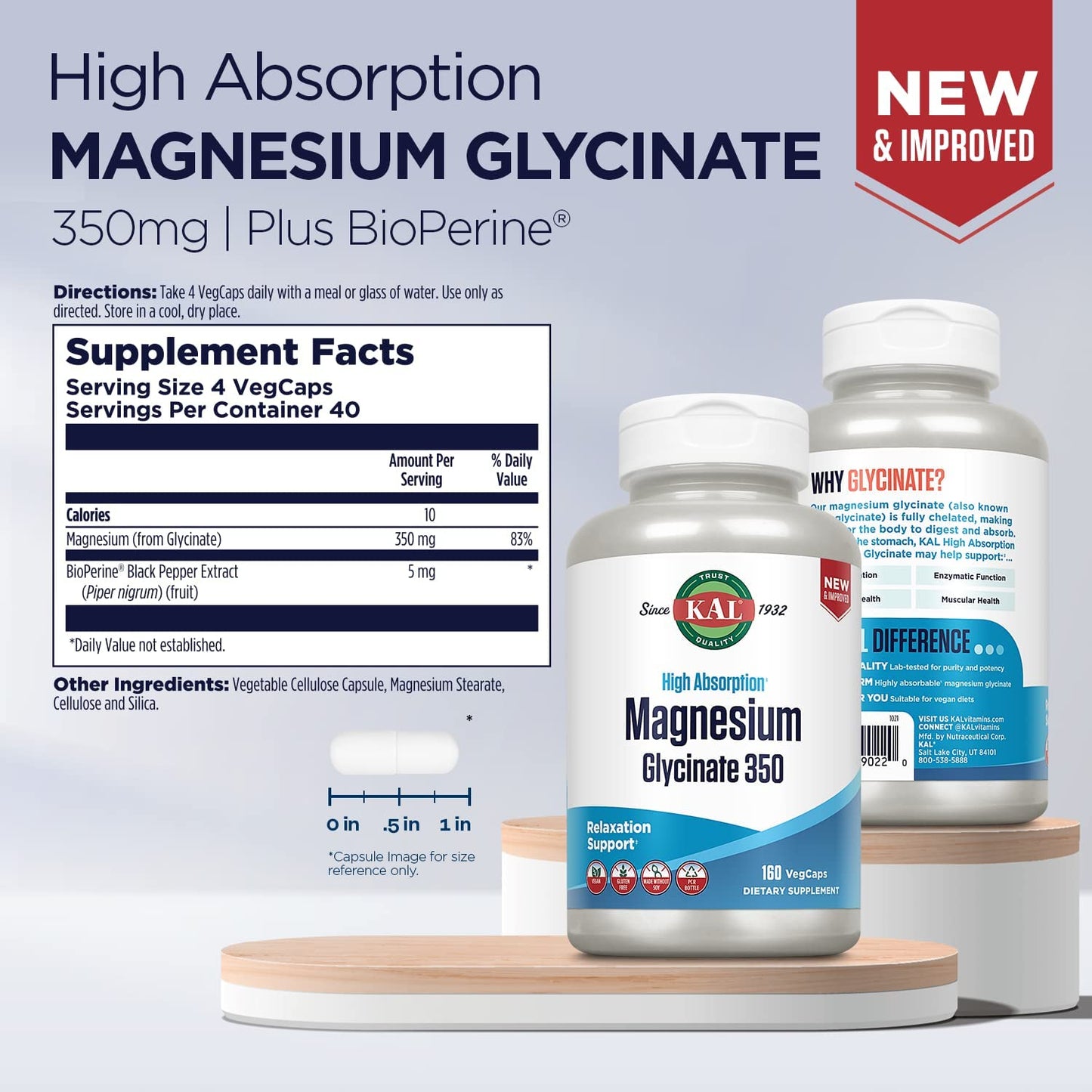 KAL Magnesium Glycinate High Absorption, Healthy Relaxation, Muscle Function & Bone Support, New & Improved (160 Count)