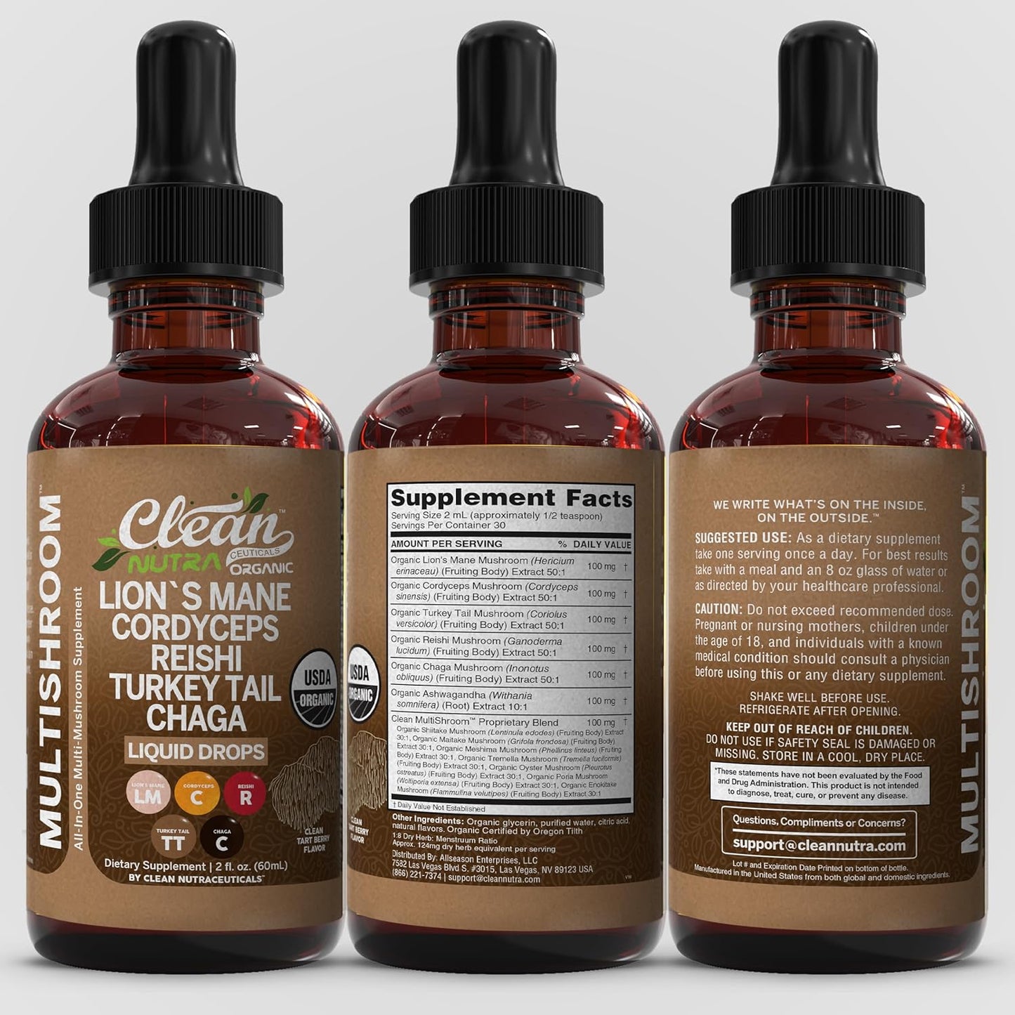 Organic Lions Mane Mushroom Liquid Drops by Clean Nutra 1.6 ounces