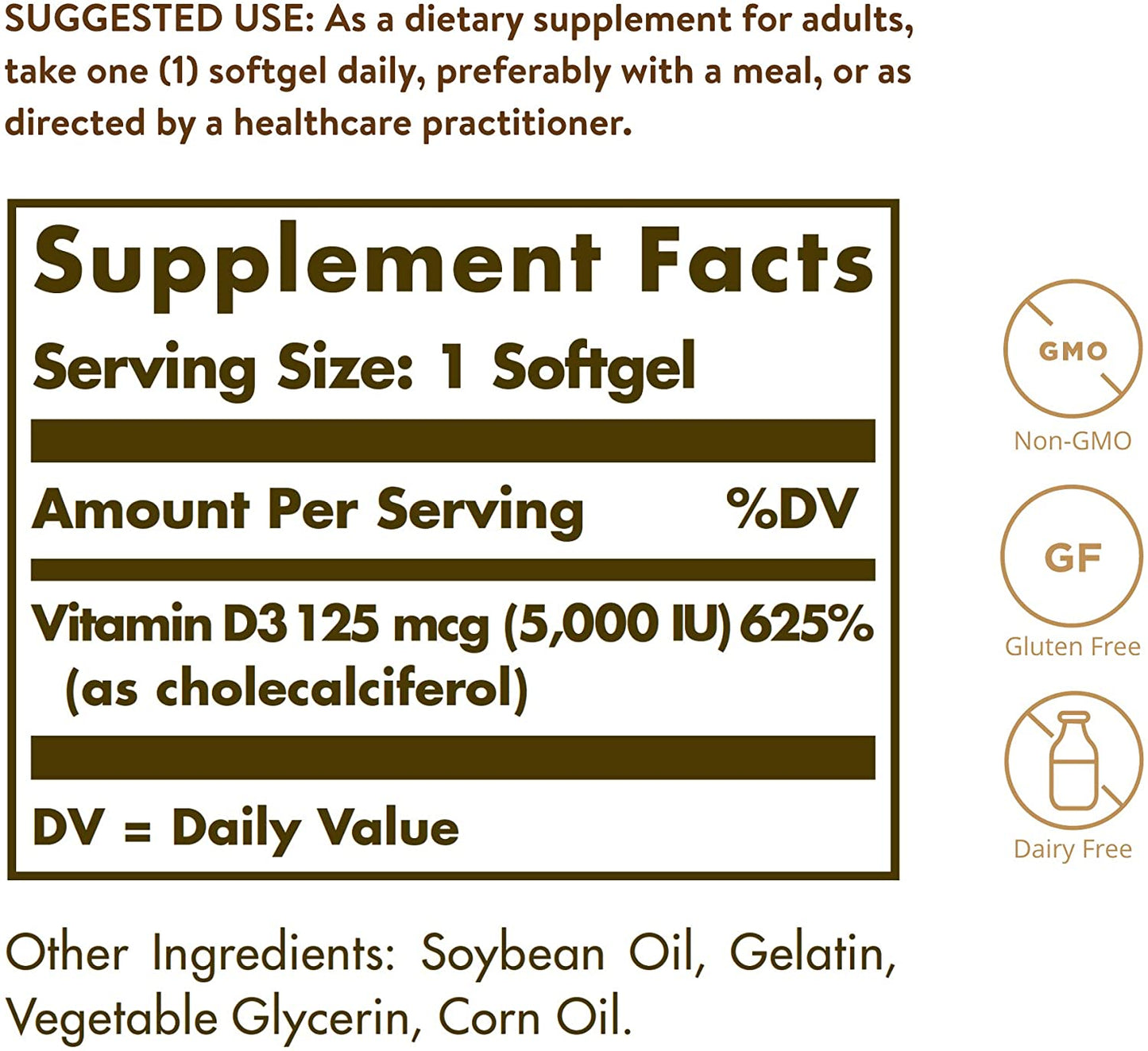 Solgar Vitamin D3 (Cholecalciferol) 125 MCG (5000 IU), 100 Softgels