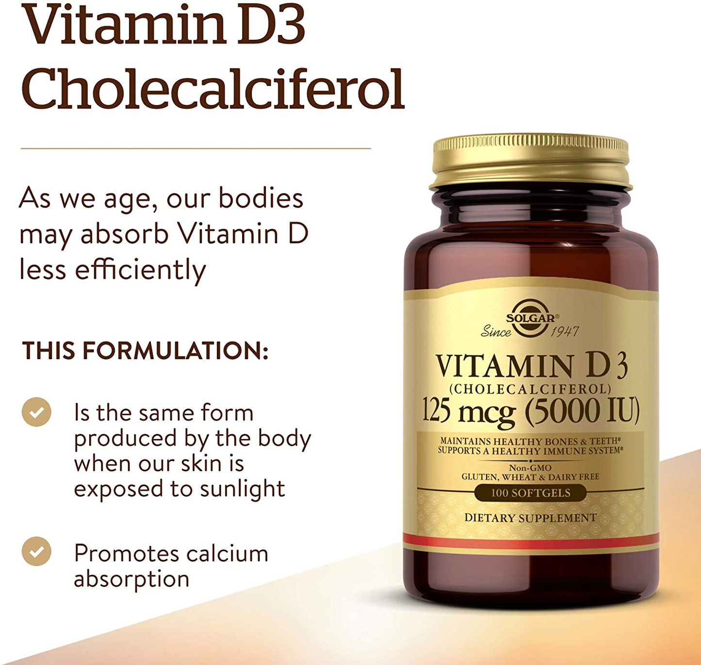 Solgar Vitamin D3 (Cholecalciferol) 125 MCG (5000 IU), 100 Softgels