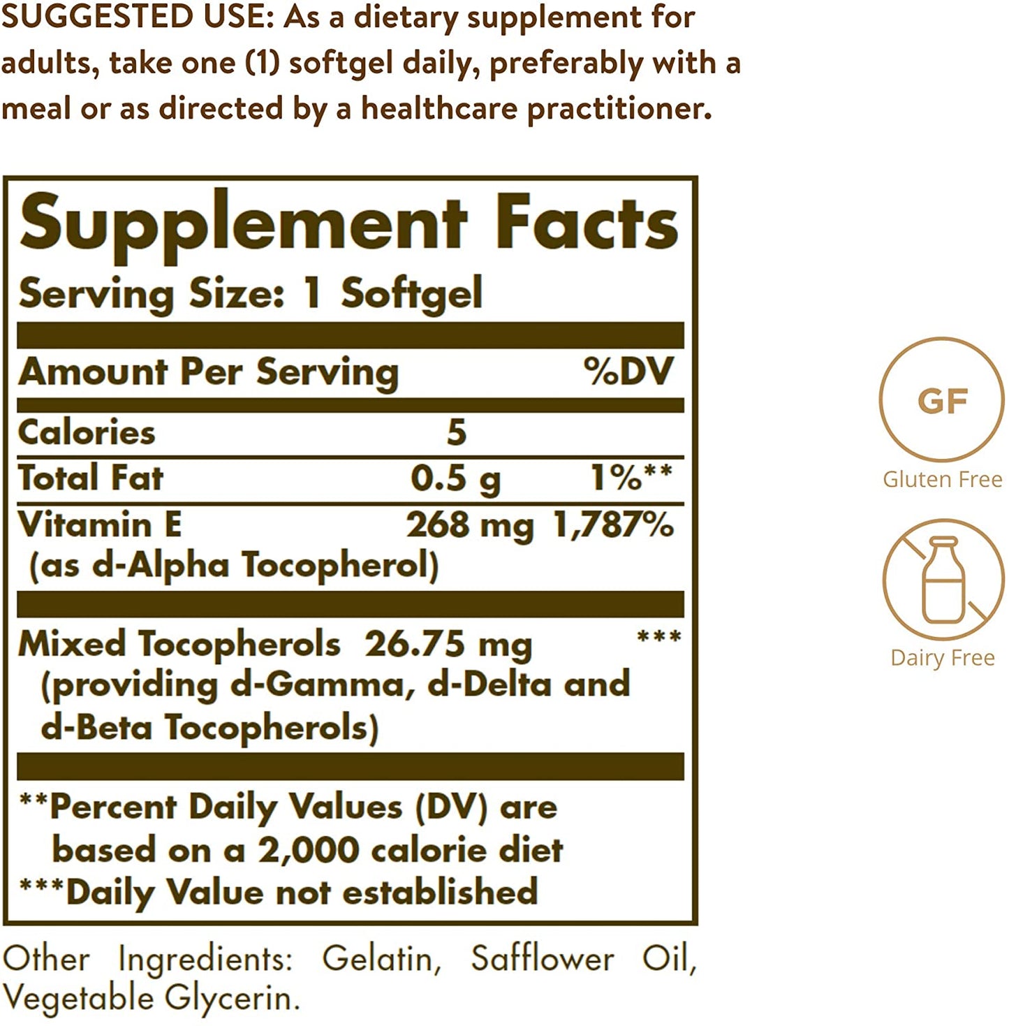 Solgar Vitamin E 268 MG (400 IU) Mixed (d-Alpha Tocopherol & Mixed Tocopherols), 100 Softgels