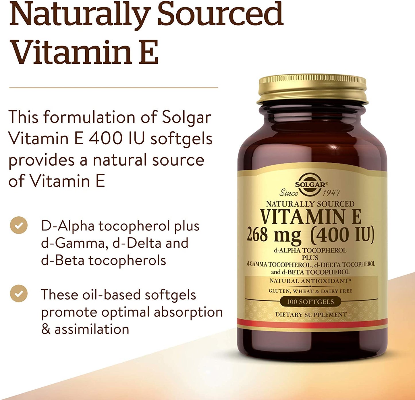 Solgar Vitamin E 268 MG (400 IU) Mixed (d-Alpha Tocopherol & Mixed Tocopherols), 100 Softgels