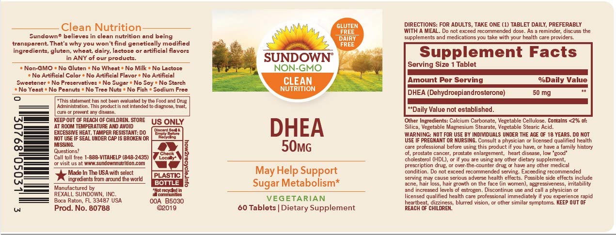 Sundown Naturals DHEA Energy Enhance Dietary Supplement Tablets, 50 mg, 60-Count Bottles