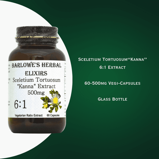 Barlowe's Herbal Elixirs  Kanna Sceletium Tortuosum  6:1 Extract 500mg 60 Vegi- Capsules