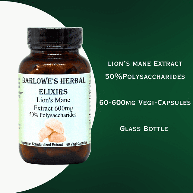 Barlowe's Herbal Elixirs  Lion's Mane Extract 50% Polysaccharides 600mg 60 Veggie Capsules