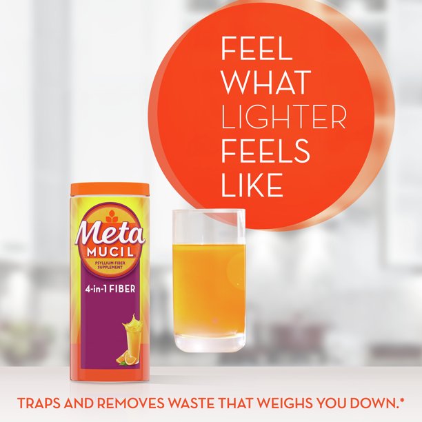 Metamucil Psyllium Fiber Supplement Powder, Sugar, Orange, 72 Tbsp