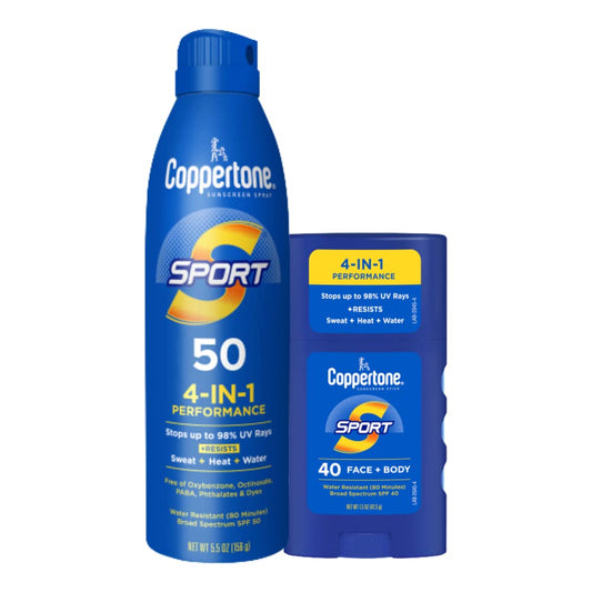 Coppertone Sport Sunscreen Spray SPF 50 (5.5 Oz)+ Sport Sunscreen Stick SPF 40 for Face and Body, Travel Size (1.5 Oz)