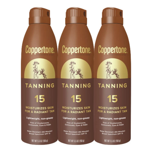 Coppertone Tanning Sunscreen Spray with Broad Spectrum SPF 15,5.5 Oz, Pack of 3