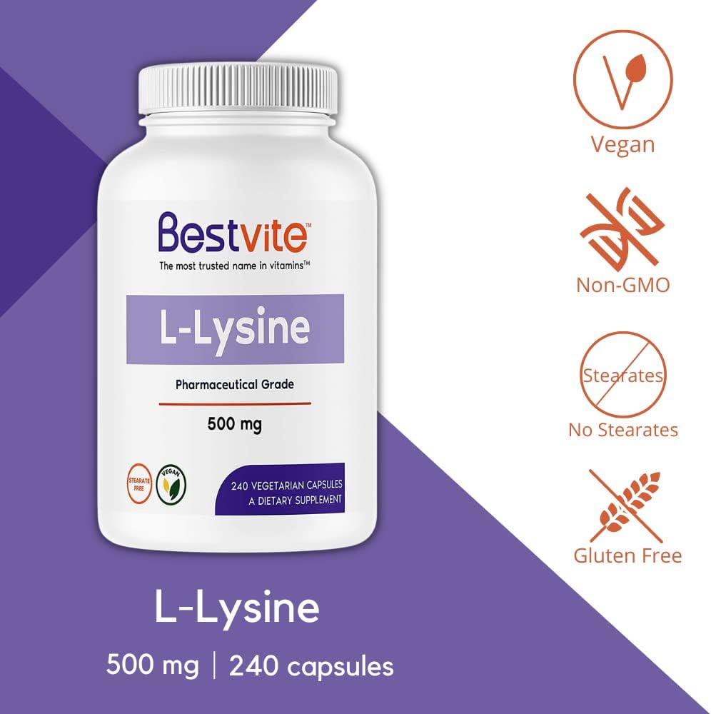 BESTVITE L-Lysine 500mg per Capsule (240 Vegetarian Capsules)