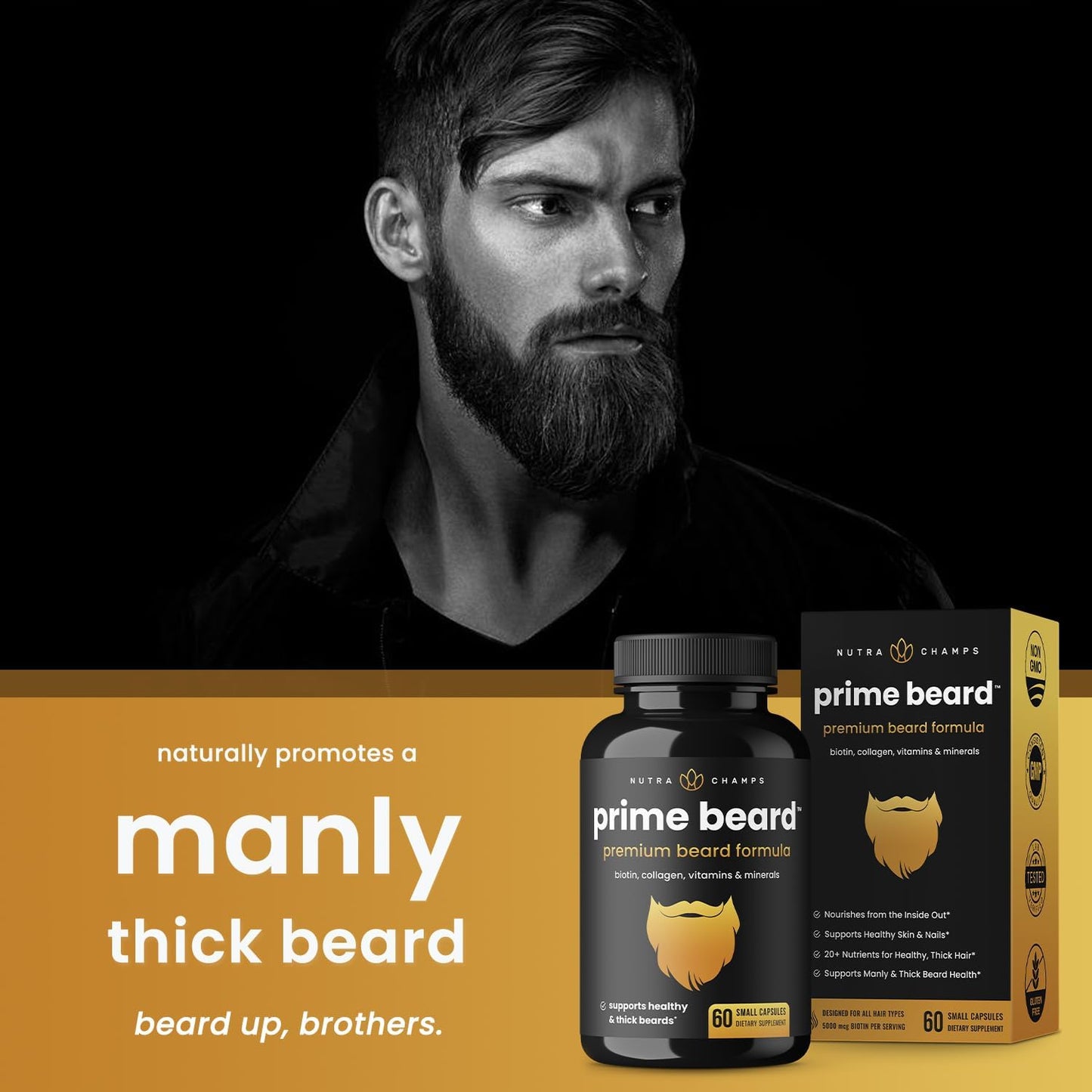 NutraChamps Prime Beard Vitamins | Manly, Thick, Fast & Healthy Facial Hair for Men 60 count