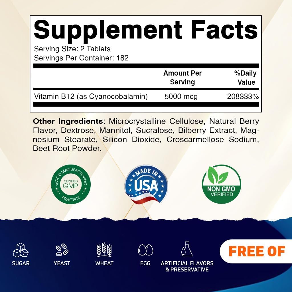 Vitamatic Vitamin B12 5000 mcg – 365 Fast Dissolve Tablets Berry Flavor
