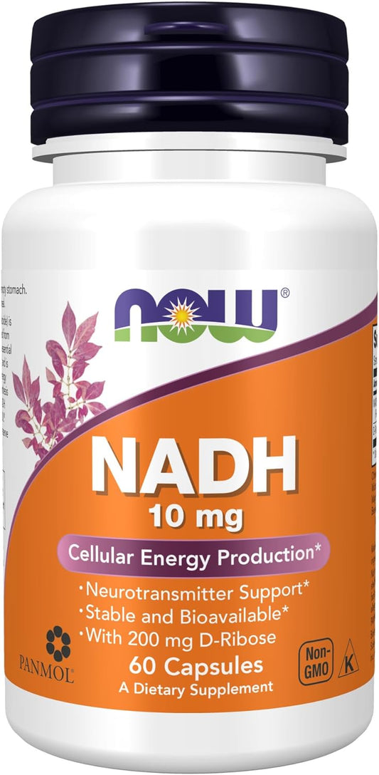 NOW Foods Supplements, NADH (Reduced Nicotinamide Adenine Dinucleotide) 10 mg with 200 mg D-Ribose, 60 Veg Capsules