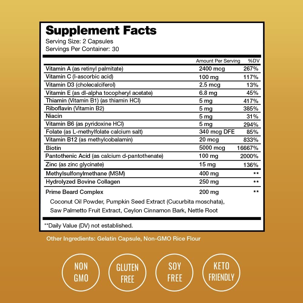 NutraChamps Prime Beard Vitamins | Manly, Thick, Fast & Healthy Facial Hair for Men 60 count