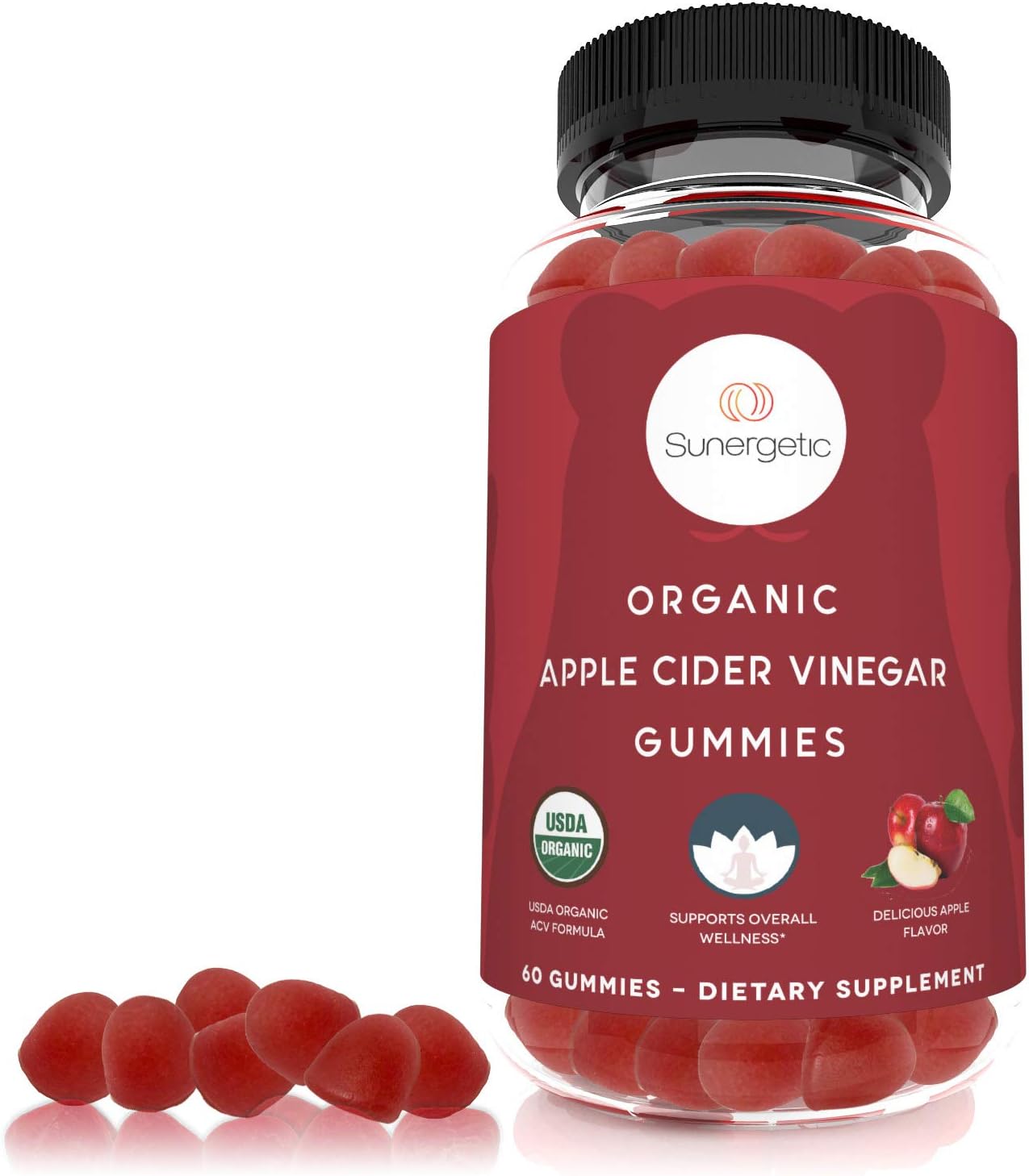 Sunergetic USDA Organic Apple Cider Vinegar Gummies with The Mother -60 gummies
